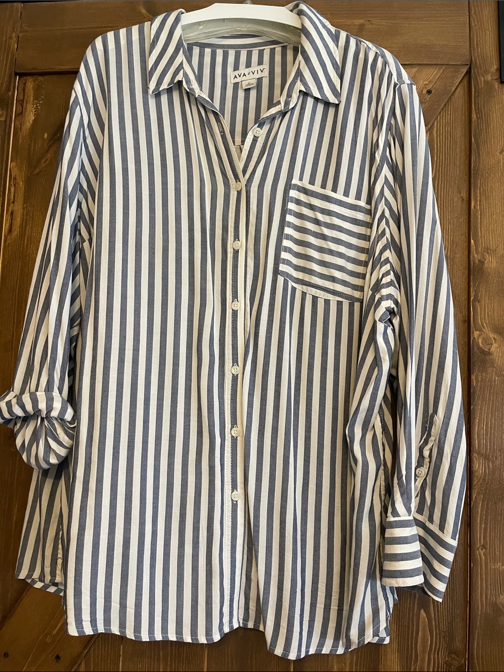Ava & Viv Navy and White Vertical Stripe Button-Down Shirt